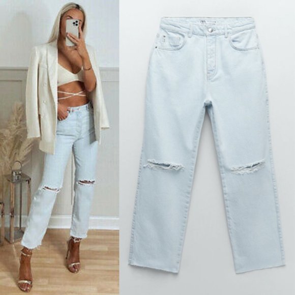 Zara Denim - NEW Zara High Rise Waist Straight Leg Rip Jeans 4